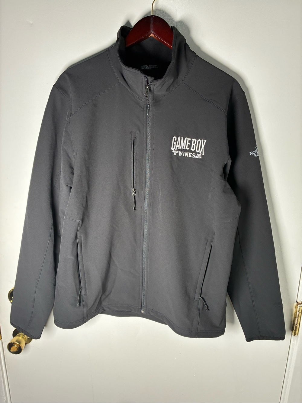 The North Face Men's Dark Black Softshell Jacket with Game Box Wines Logo Size L